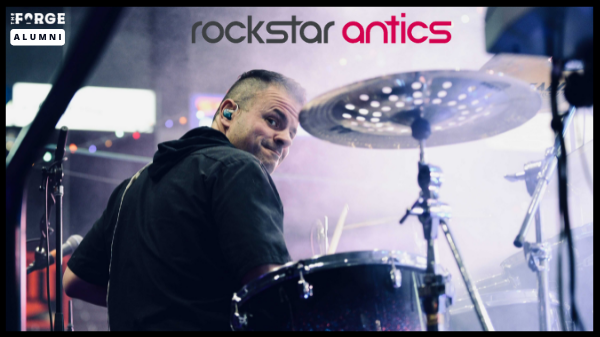 Rockstar Antics founder playing drums